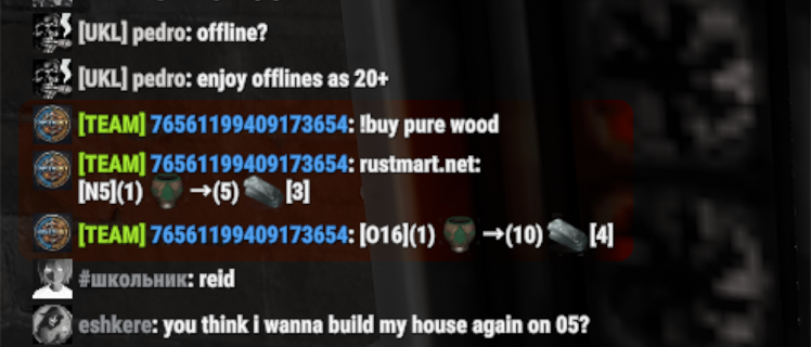RustMart !buy command showing vending machine results in team chat
