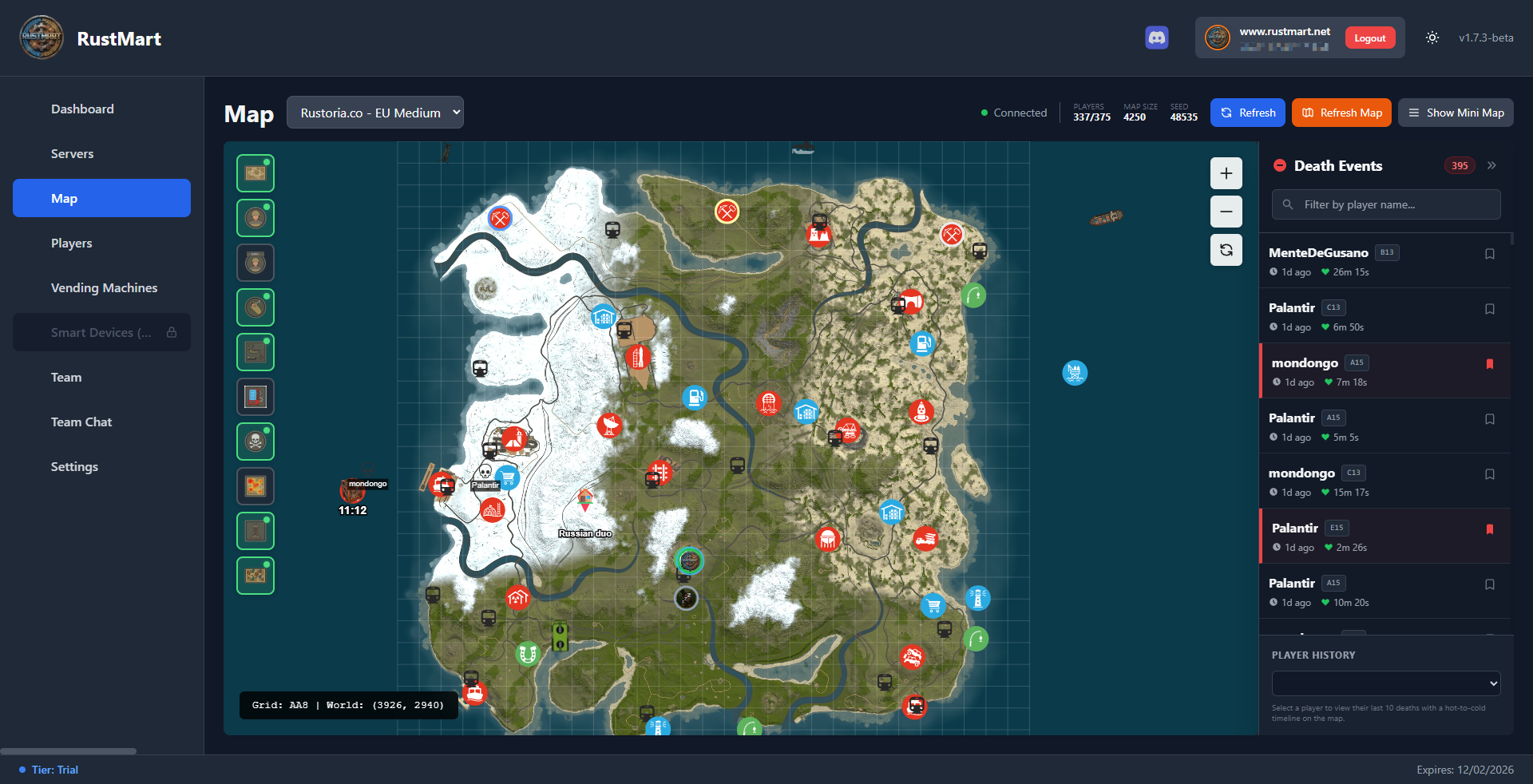 RustMart interactive map showing live player positions, events, and custom markers
