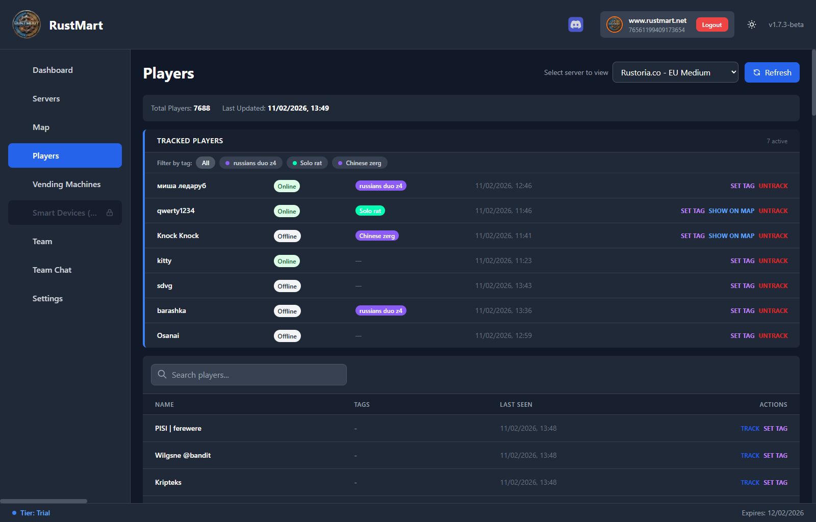 RustMart player tracking list showing tracked players with online status and custom tags