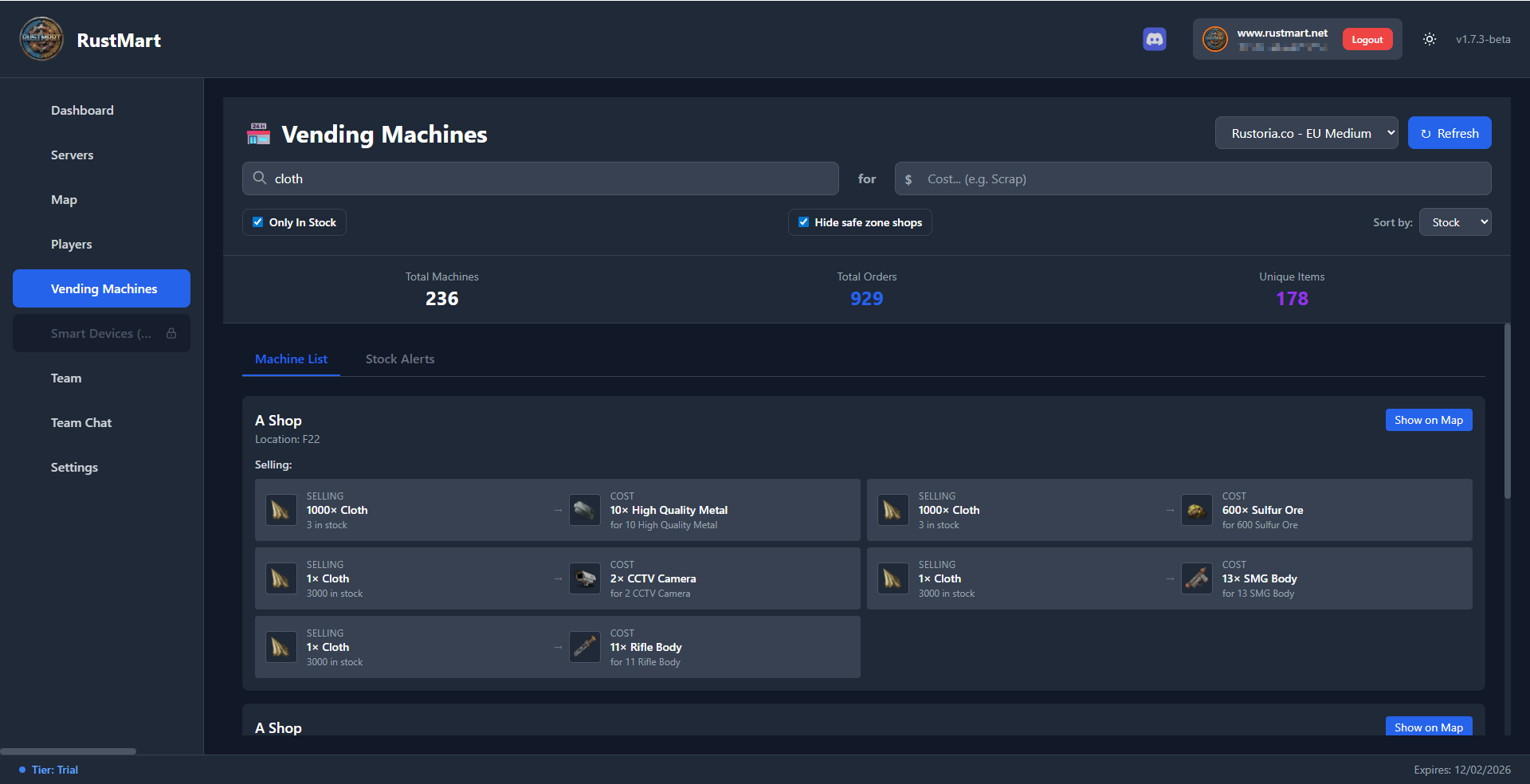 RustMart vending machine search results showing item prices across the server